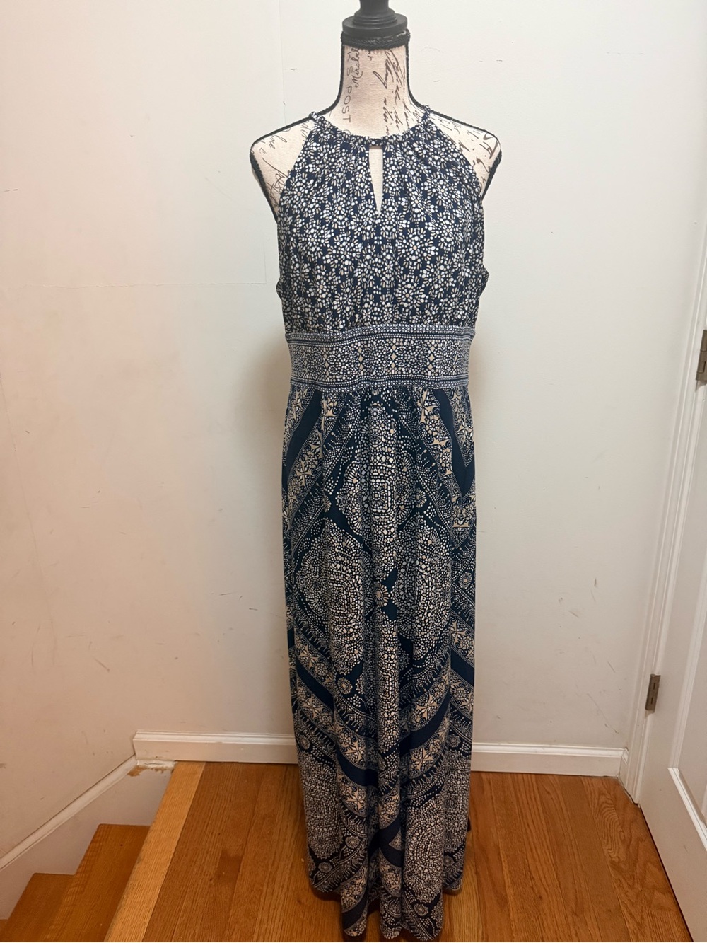 dressbarn Navy and White Halter-Style Printed Maxi Dress